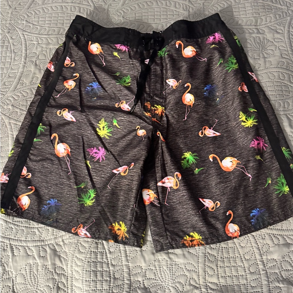 Joe Boxer Heathered Black Flamingo and Palm Tree Swim Trunks